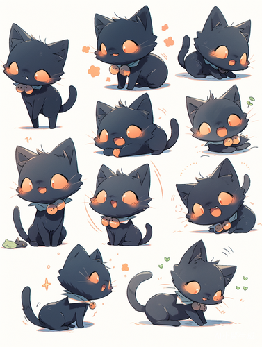 Cute Black Cat Flat Illustration in Various Poses and Expressions