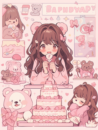 Kawaii Birthday Party Sticker Sheet with Teddy Bears and Cake