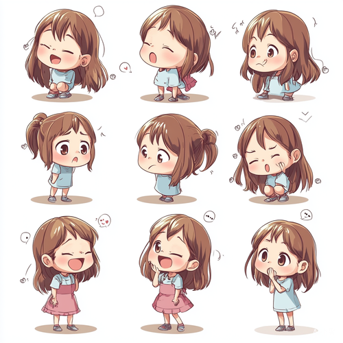 小女孩，可爱，全身图，chibi，9种姿势和表情，emoticons[高兴、可爱、期待、大笑和害羞、困倦、吃饭和头晕、表达爱意等]，贴纸艺术，白色背景