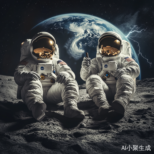宇航员在月球表面吸雪茄微笑面对地球与宇宙冲突场景
