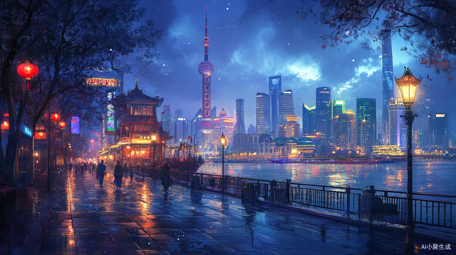 百年后上海外滩东方明珠塔夜景全景俯瞰