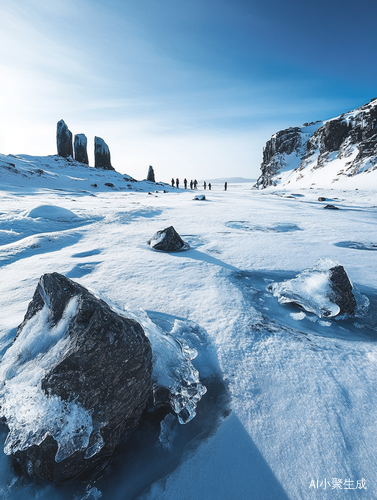 雪地山峰间的静谧景致与人类的渺小生灵