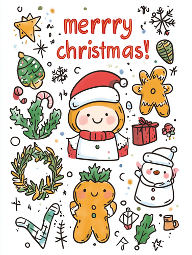 Kawaii Christmas-themed drawing of various cute Christmas elements like gingerbread cookies, mistletoe and holly leaves, wreaths, Santa's hat, etc., on a white background with the text "Merry Christmas!" in bold letters at the top center. Below that, written in a cursive font, it says "May your joy match the season! Praying you get all kinds of