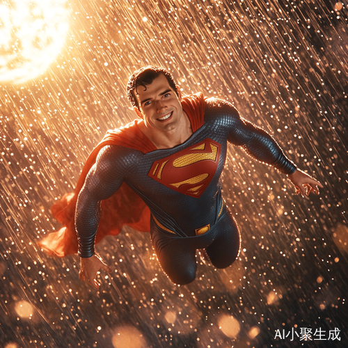 超人漂浮太空中微笑雨滴闪耀太阳温暖照亮全景