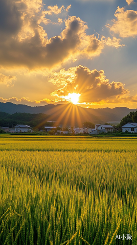 云层遮住了房屋和稻田。夕阳从后面照在他们身上，创造了一幅美丽的风景。上方出现了一大片棉花般的云，为这些绿色的稻田增添了气氛。秋天，红色的日落出现在白云之间。这张照片是用尼康相机拍摄的，分辨率很高。它适用于风景摄影。乡村地区、夕阳余晖、金色的麦田和绿色的麦田创造了一幅逼真的摄影作品。