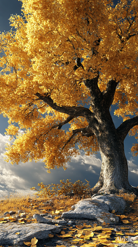 photorealistic, a big tree with golden leaves