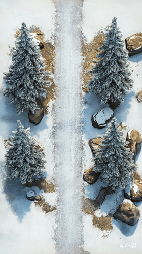 两边是银装素裹的银杉树，中间是铺满厚厚积雪的路