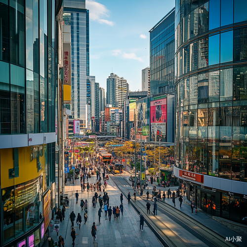 春天街拍风格，宽幅大场景，游客很多，街景商场，城市天际线，外国建筑，