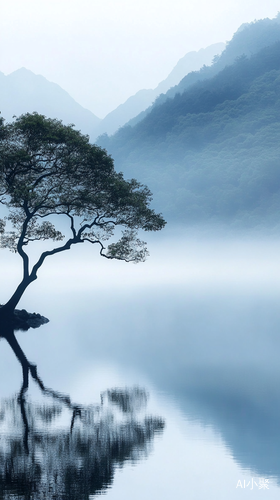 远处那朦胧带雾的山脉，仿若一幅神秘画卷，其轮廓在雾霭中若隐若现。近景处，湖面平静如镜，清晰地倒映着山脉的绝美身姿。湖中间左边，伫立着一颗极为硕大的树，那粗壮的枝干遒劲有力地伸向天空，繁茂的枝叶在微风中轻轻摇曳，仿佛在诉说着岁月的故事。整幅画面静谧而又充满生机，极具美感，让人不禁沉醉其中，感受大自然的神奇与魅力。