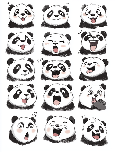 Emoji sheet of a panda,16 emoticons,mutipledynamic pose,different expressions,whitebackground,Line art，Sticker art