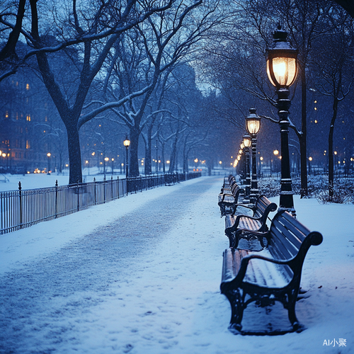 公园，长椅，雪天，路灯，蓝色系