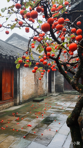 雨后古建筑庭院中，那棵年代久远且弯曲的柿子树清晰呈现，其上挂满了红彤彤且清晰可见的果实，古老与生机完美交融，整幅画面充满着岁月沉淀的美感，红色果实点缀其间更显生动鲜活，庭院的静谧与柿子树的繁茂相互映衬，营造出极具韵味且极具美感的独特景致