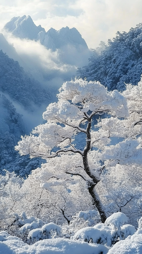 那是一座座错落有致、跌宕起伏的皎白雪山，其上覆盖着皑皑白雪，尽显雄浑与冷峻。雪山之间，赫然屹立着一颗银装素裹的大树，那大树仿若一位孤傲的守护者，枝干遒劲有力地伸展着，每一根枝丫都仿佛在诉说着岁月的故事，满树的晶莹雪花在阳光下闪烁着璀璨光芒，与周围的雪山相互映衬，构成一幅极具美感、细节丰富且生动无比的壮丽画卷，让人不禁为之沉醉，感叹大自然的鬼斧神工。