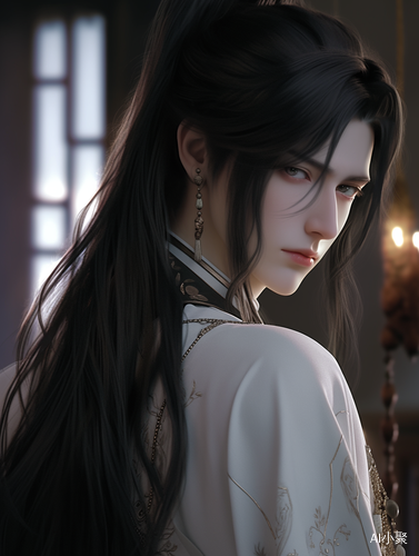 a androgynus person with long black hair, wearing white clothes, sparkling big eyes, ponytail ,in the style of delicate sculptures, dark white and dark gold, bjd dolls ,SD dolls, meticulous realism, beautiful, C4D Renderer , Octane Rendered, northern and southern dynasties, trick of the eye paintings