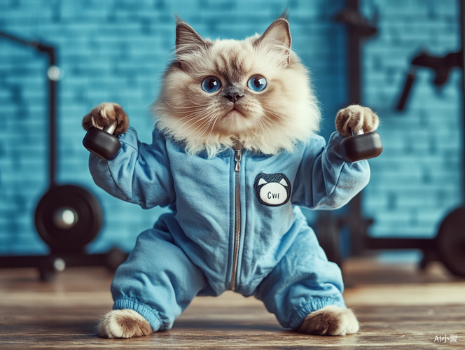 A cute Ragdoll cat wearing a fitness workout suit is doing bench presses with one hand holding a small dumbbell in the gym, stylishly posing for a lifelike photo.