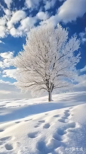 宁静冬日孤树与雪地的梦幻画卷