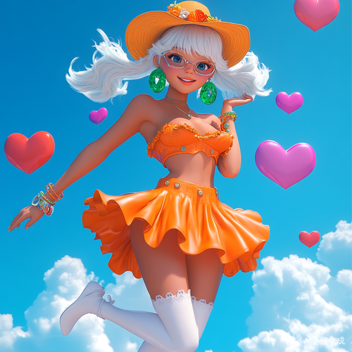 可爱美少女在蓝天中漂浮的多彩动画设计
