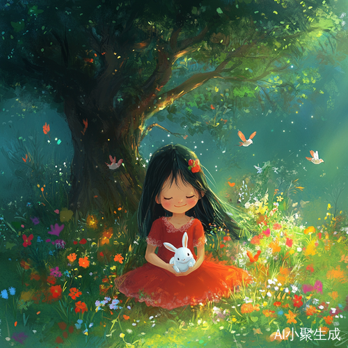 阳光下的小女孩与小白兔和五彩花朵