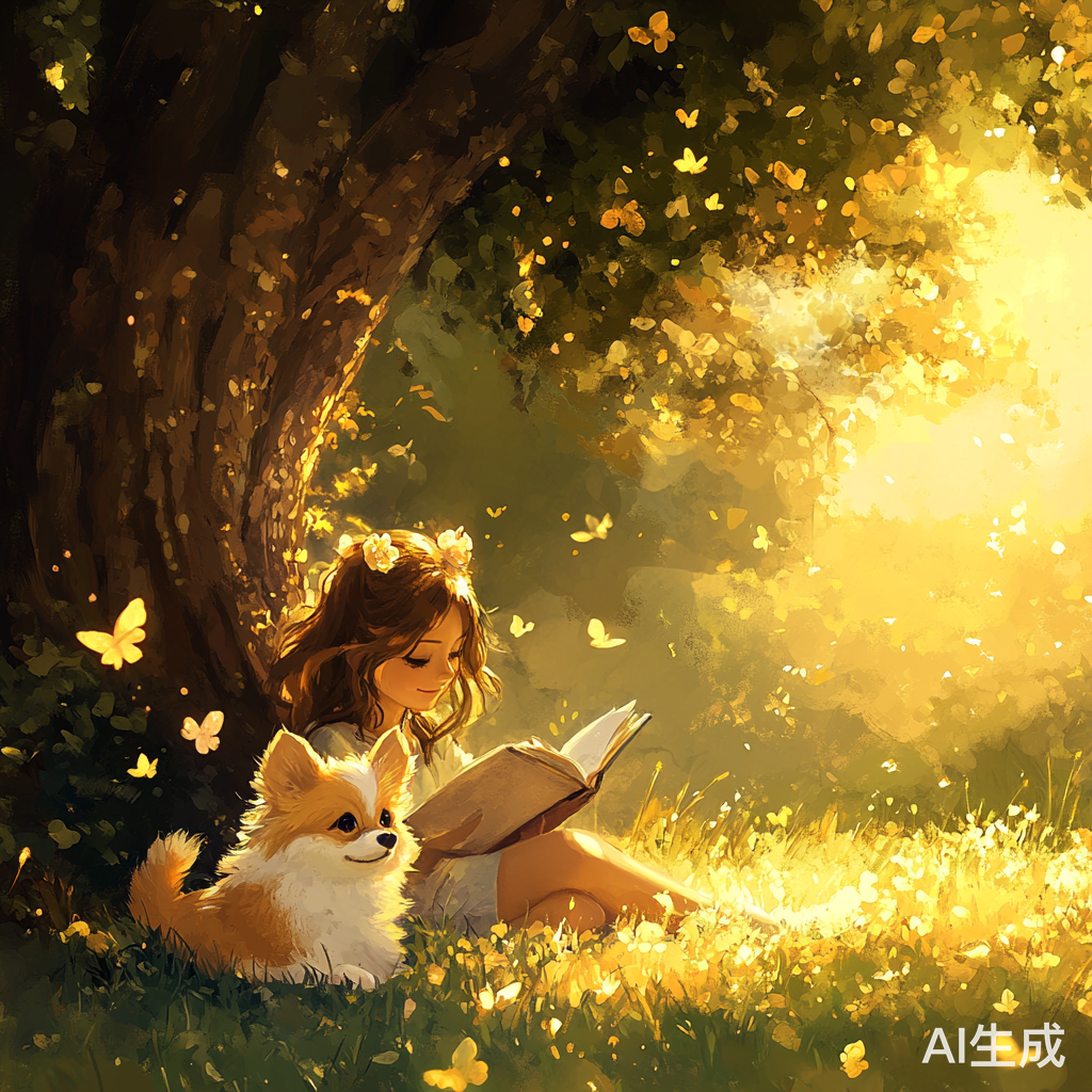 草地上阳光下可爱蝴蝶犬与读书的女人