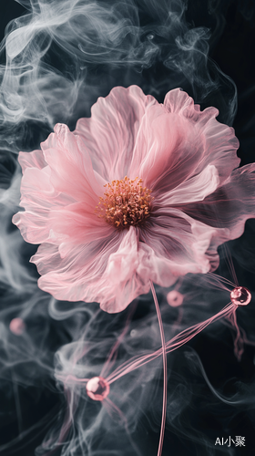 a close up of a flower on a black background, digital art, electric aura with particles, made entirely from gradients, atoms floating, pink energy, rendered in 8 k, smoke swirls, quantum dynamics, rendered illustration, C4D， great wallpaper for iPhone ar 9:16 style raw v 6.1