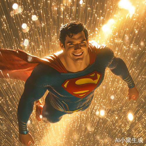 超人漂浮在太空中闪耀胸前的S标志与巨大的太阳