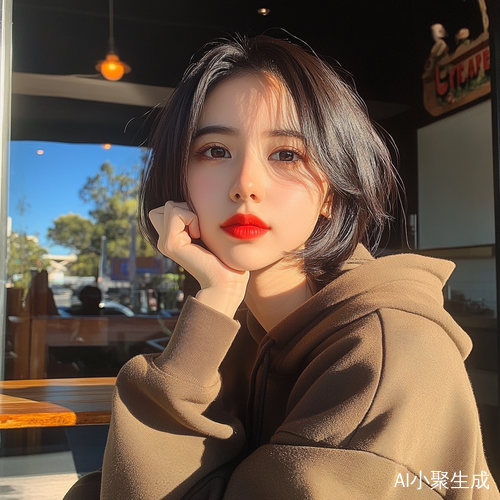 自信青春的亚洲女孩在澳大利亚咖啡馆自拍