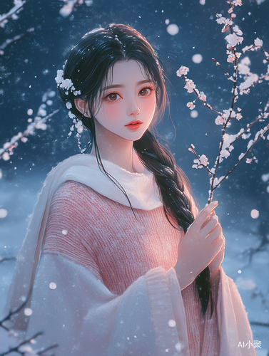 A young woman in a pink sweater with a white cape, her long black hair in a braid, holds a plum blossom branch against a snowy night scene. The moonlight shines on her face, creating a warm and gentle expression. The tones are soft, and the atmosphere is dreamy. ar 39:64