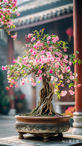 古建筑庭院中的海棠花盆景绽放娇艳美丽