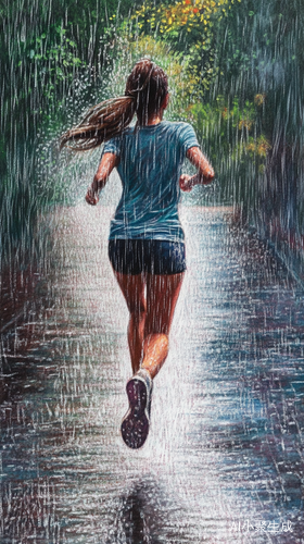 雨中奔跑的女孩全身展现青春活力