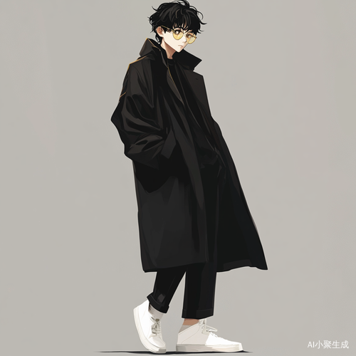 19岁黑发男生动漫风格黑外套全身白鞋
