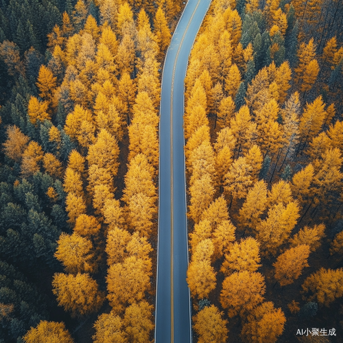 秋日金黄树叶环绕的弯曲道路