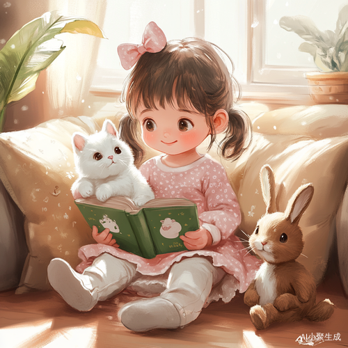 温馨卡通小女孩与小猫的幸福时光