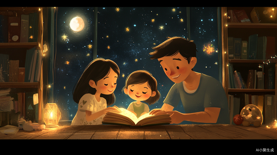 夜晚家庭温馨阅读时光的亲密氛围