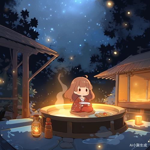 女孩在温泉旁的夜空下静坐的卡通插画