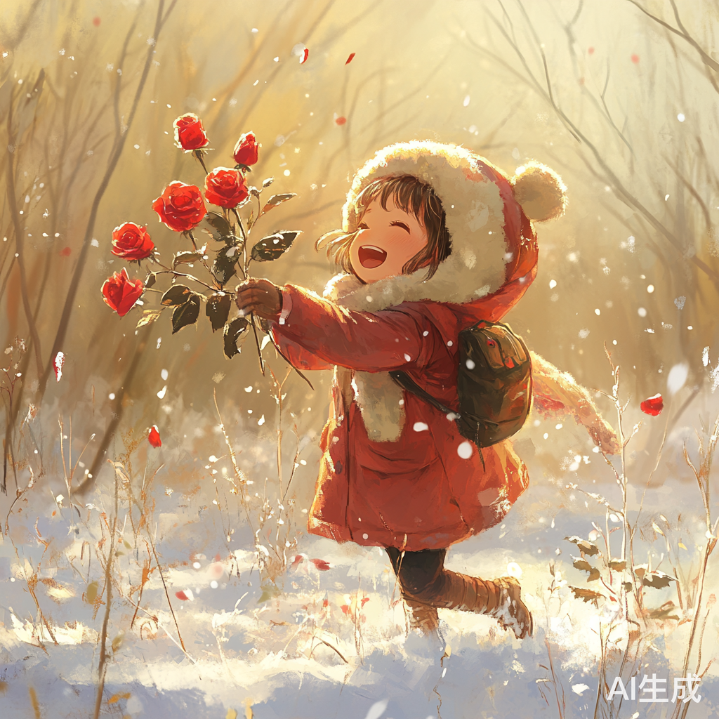 冬日阳光下姑娘与花草共舞的幸福时刻