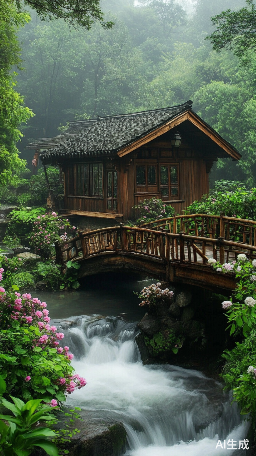 木屋旁小桥流水与盛开花朵的绿植风景