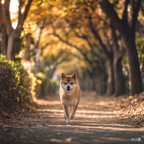 柴犬悠闲散步于林荫小道