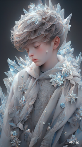 (((This is an illustration of a boy statue made of crystal. He has transparent hair like ice crystals, wears a gray robe with complex lines, and crystal roses bloom on his face and body. The whole picture presents a dreamy and aesthetic atmosphere)))，((Crystal-textured skin))，((Crystal hair))，单人，男，帅哥，少年感，半身照，最高画质，最佳品质，绝美眼睛，浅色瞳孔，眼睛高光，长睫毛，(((清透)))，朦胧美，眼睛特写，极致光影，细腻渲染，Kpop偶像脸，(((朦胧)))，锁骨，绝美眼睛，精致五官，丰富细节，淡唇，薄唇，含情眼，头发蓬松，长睫毛，朦胧意境，光影变化，电影打光，高清8k，伪厚涂，(((意境)))，绝美五官，含情眼，最高画质，杰作，最好品质，最佳质量，8k，完美的细节，超精致，精绘, Carved in crys