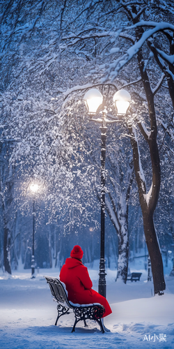 静谧雪夜中的红色外套与温馨灯光