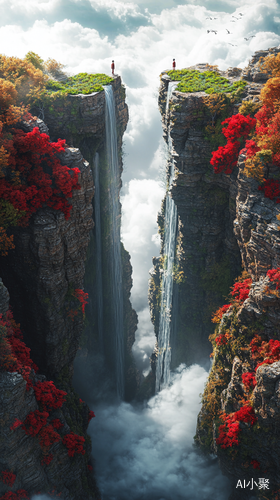 two green hearts on two high cliffs, in the middle is a waterfall, this is a bird's-eye view of the clouds., there are red flowers and plants, surrounded by green nature, 32k ultra clear. ar 2:3 cref cw 100 iw 2 v 6.1有个极小的人