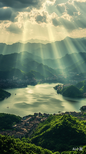 从高处俯瞰中国千岛湖，地面呈现出一派青山绿水的绝美景致，葱郁的山峦连绵起伏，与清澈的流水相互映衬。建筑群错落有致地分布其中，彰显着现代的气息。而天空中，众多洁白的云朵悠然飘荡，一束束丁达尔光如梦幻般倾洒而下，将整个画面渲染得极为美妙，青山绿水、建筑群与奇幻的丁达尔光交相辉映，构成了一幅极具美感且细节丰富生动的壮丽画卷，让人不禁沉醉其中，感叹大自然与人类文明的完美融合。