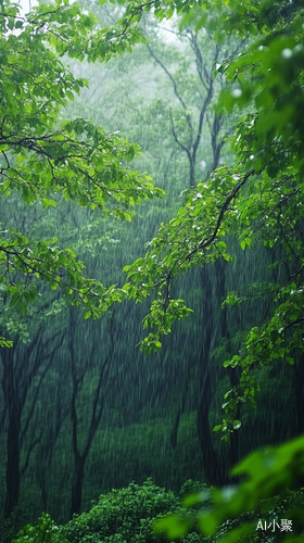 在绿色的树林间下着小雨，涓涓流水。