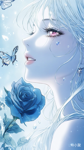 Dreamy Anime Girl with White Hair and Blue Rose Surrounded by Butterflies