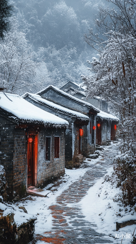 中国雪乡古老土墙房屋与红灯笼的静谧风景