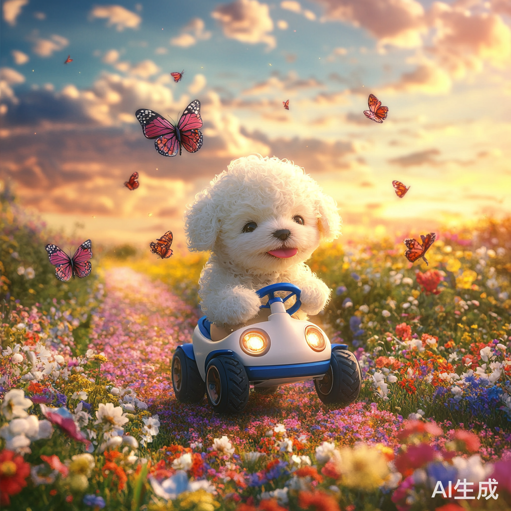 白色比熊骑电动车在花海晚霞中优雅行驶