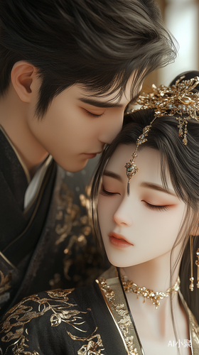 Hanfu attire, ancient garments, a stunning beauty. Two cartoon characters, a man and a woman, in an intimate pose. She has a delicate face, gorgeous hair accessories, a skull-like female form in black clothes with gold patterns. Her clothing is elaborate and magnificent, with a kiss to the skull. She exudes a cold, gorgeous, proud, and heartless charm, in soft colors and an animation aesthetic. Inspired by ethereal light and fantasy, created using the NJ6.0 drawing model with advanced parameters s 882 for a