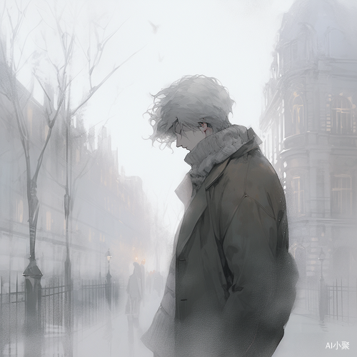 男，伪印象派，苍白的皮肤，Cool,muted tone,blurry_foreground,fantasy,Fog,Fog capital,London background，Gray tone，soft，冬日，Pastel,灰色高领毛衣，站在街上，呼出白气，少年感，灰色短发，朦胧感，Panoramicview,beautifully,彩铅，艺术感，大师作品，soft light,Morning light,Silk texture,Crystal texture eye，Crystal texture,Leather texture clothes,A sense of youth,黑色风衣，rich color paiette,Semi–realistic