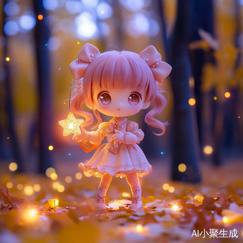 秋天氛围中的超萌Q版少女与发光星星