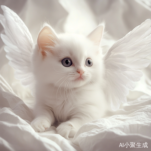 雪白小猫大眼睛与翅膀的奇幻形象