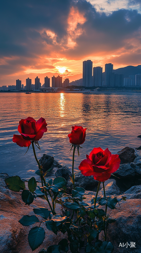 清晨雨后城市海边红玫瑰绽放的艺术美感